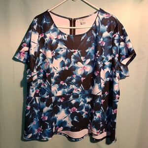 Women’s Blue Floral Chiffon Blouse – Sheer Overlay Short Sleeve Top